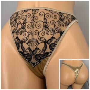 True Vintage Lovable 90s Y2K High Cut Sheer Satin Thong Panty Medium Black Beige